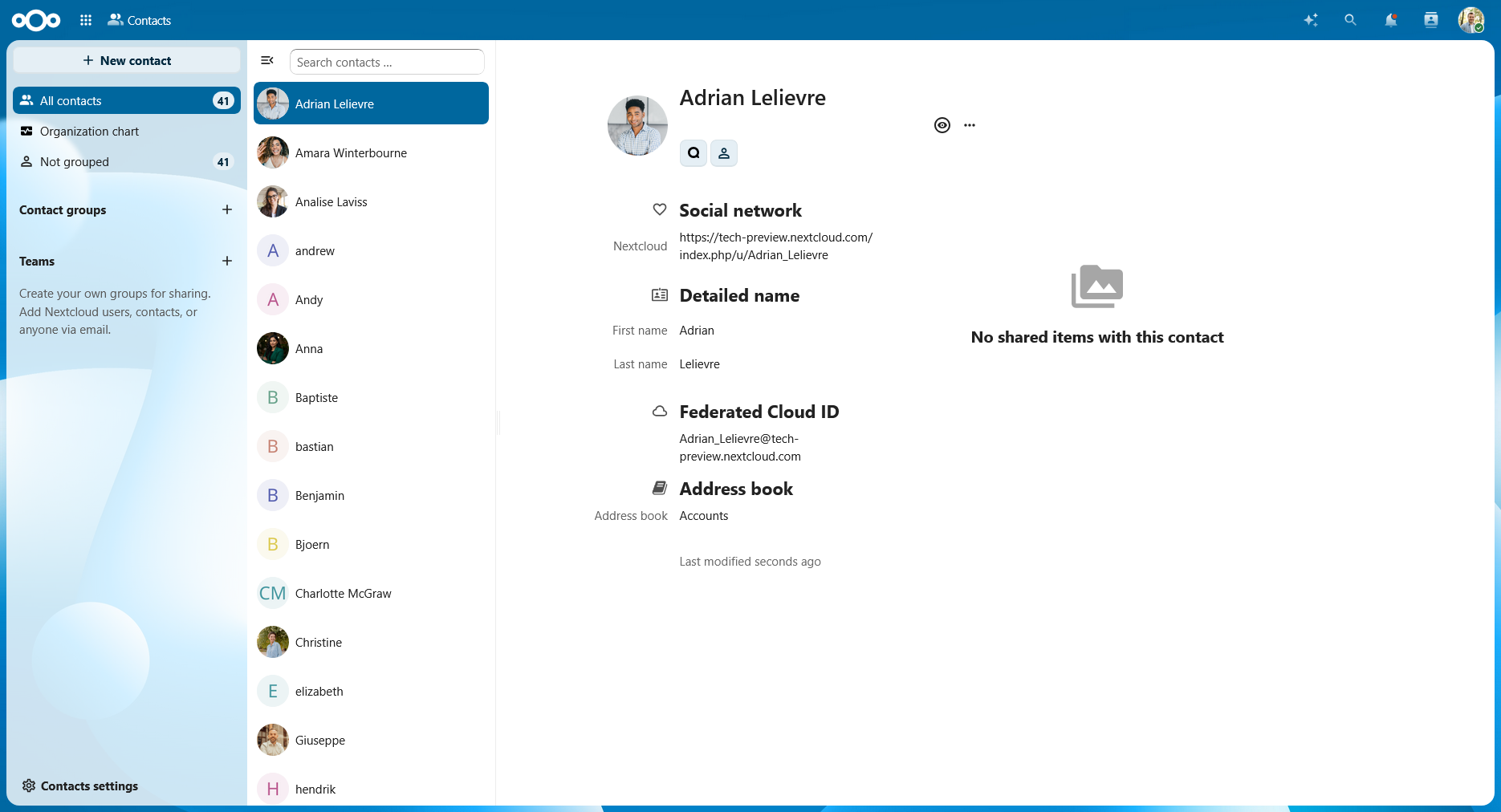 Contacts layout with navigation, list and content